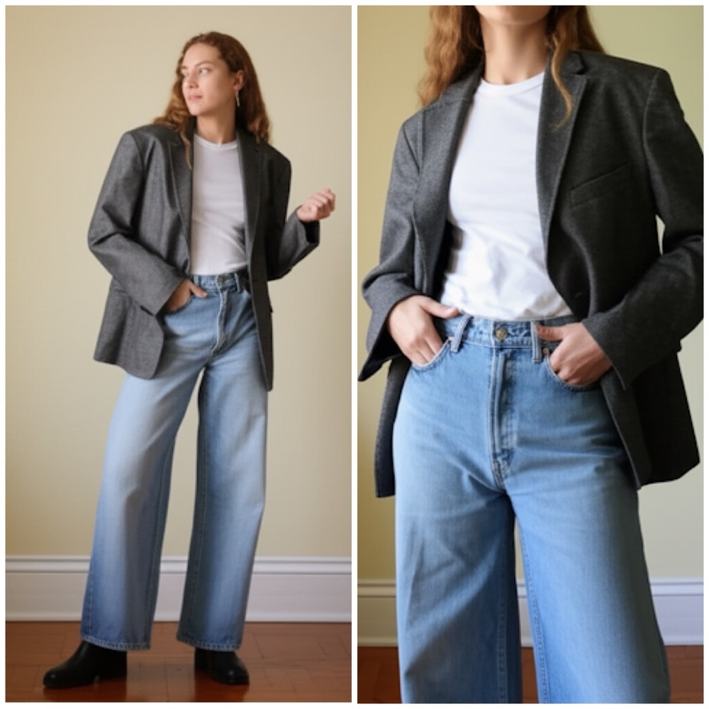 Vintage Black Grey‎ Tweed Wool Oversized Classic Boyfriend Menswear Fit Blazer